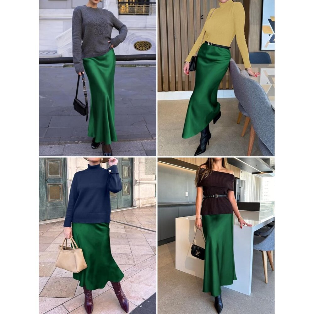Elegant Satin Maxi Skirt for Women High Waisted Deep Green Silk Dressy Casul - Picture 3 of 7